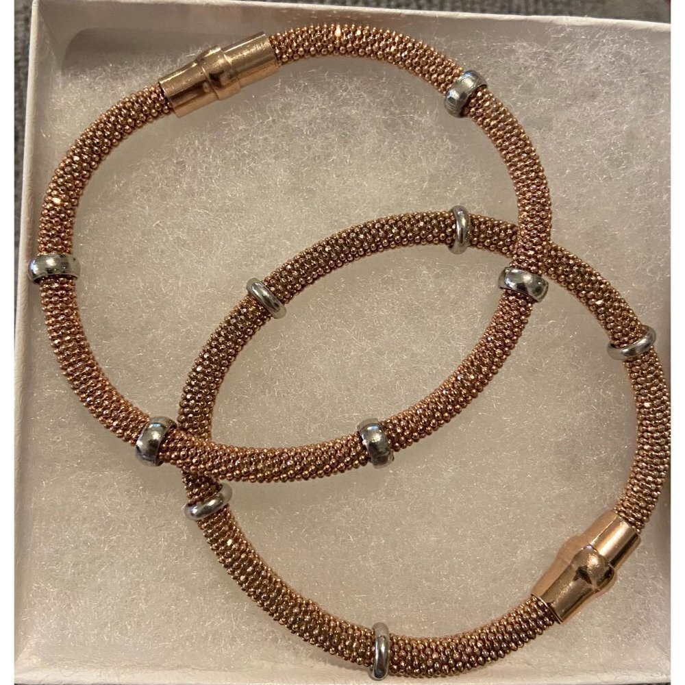 Two Italian Sterling Silver Beaded Rose Tone Popcorn Mesh Magnetic Bracelets‎